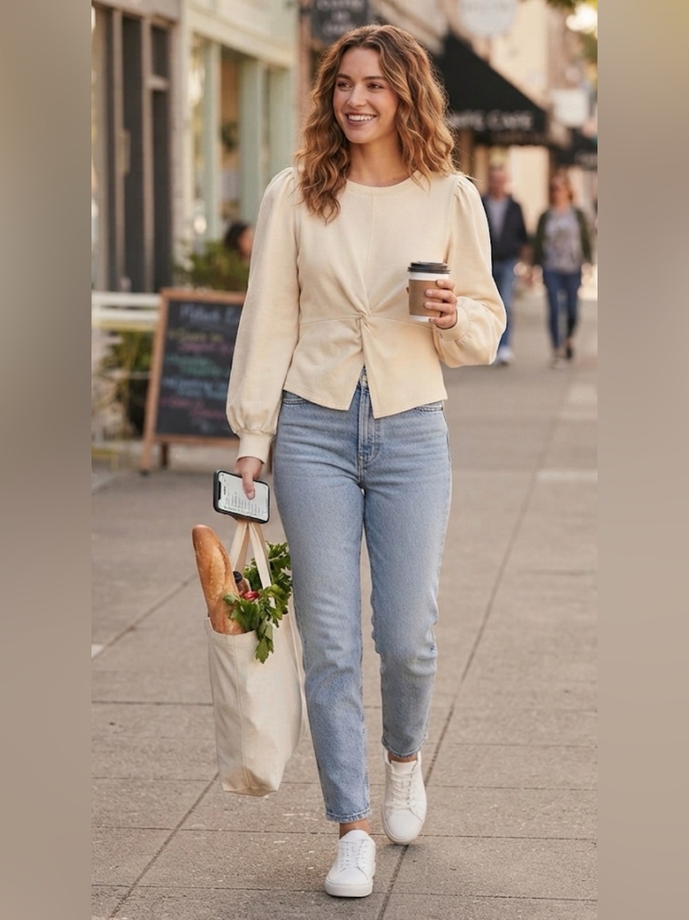 Anthropologie Pilcro Twist Front Sweatshirt Cream Puff Sleeve Pullover